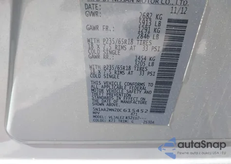 2013 Nissan Pathfinder Sv z USA, uszkodzony, nr VIN 5N1AR2MN2DC615452